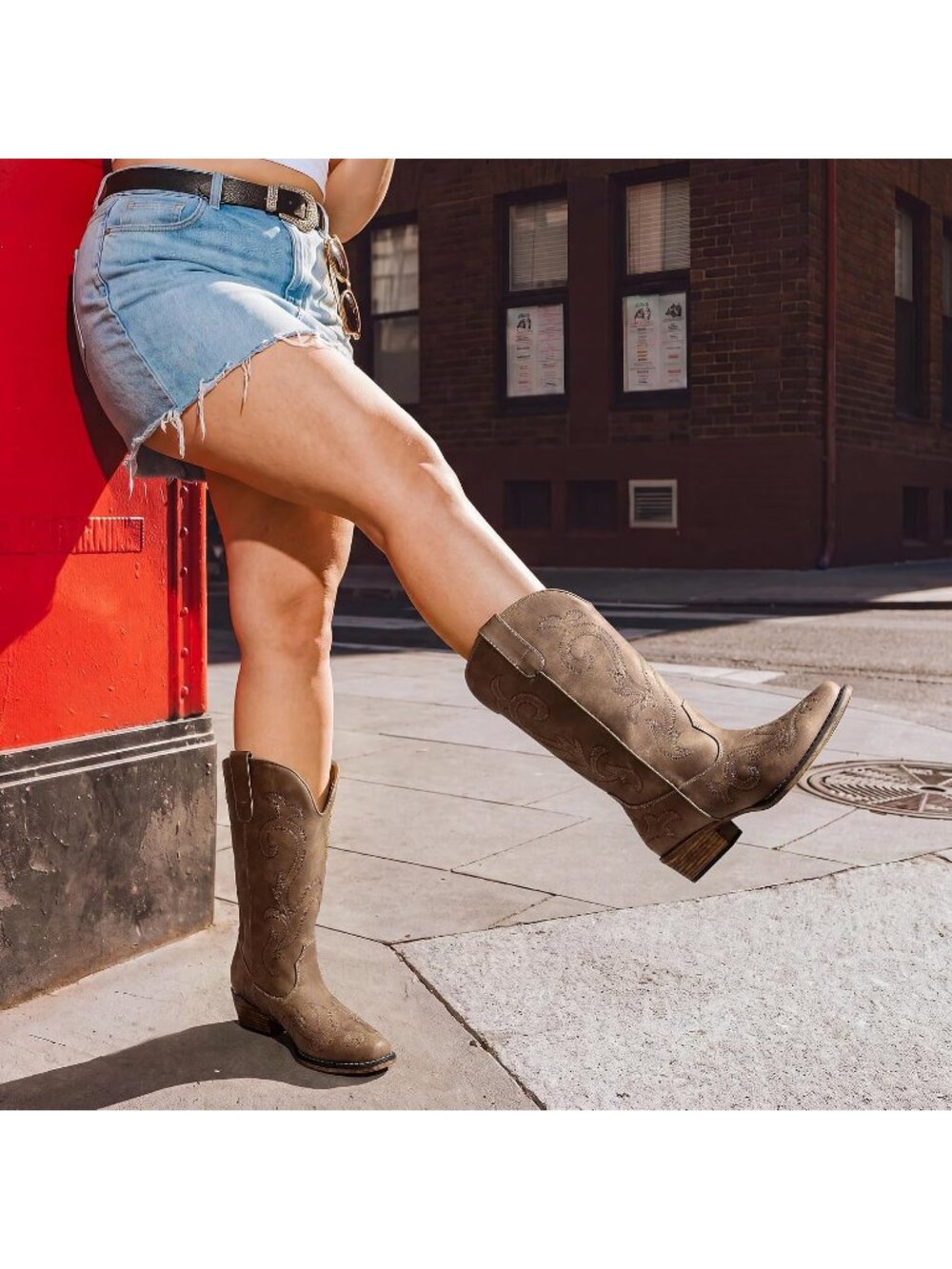 Women's Camel Faux Leather Western Embroidery Stitched Mid Calf Cowgirl Boots - Picture 3 of 6